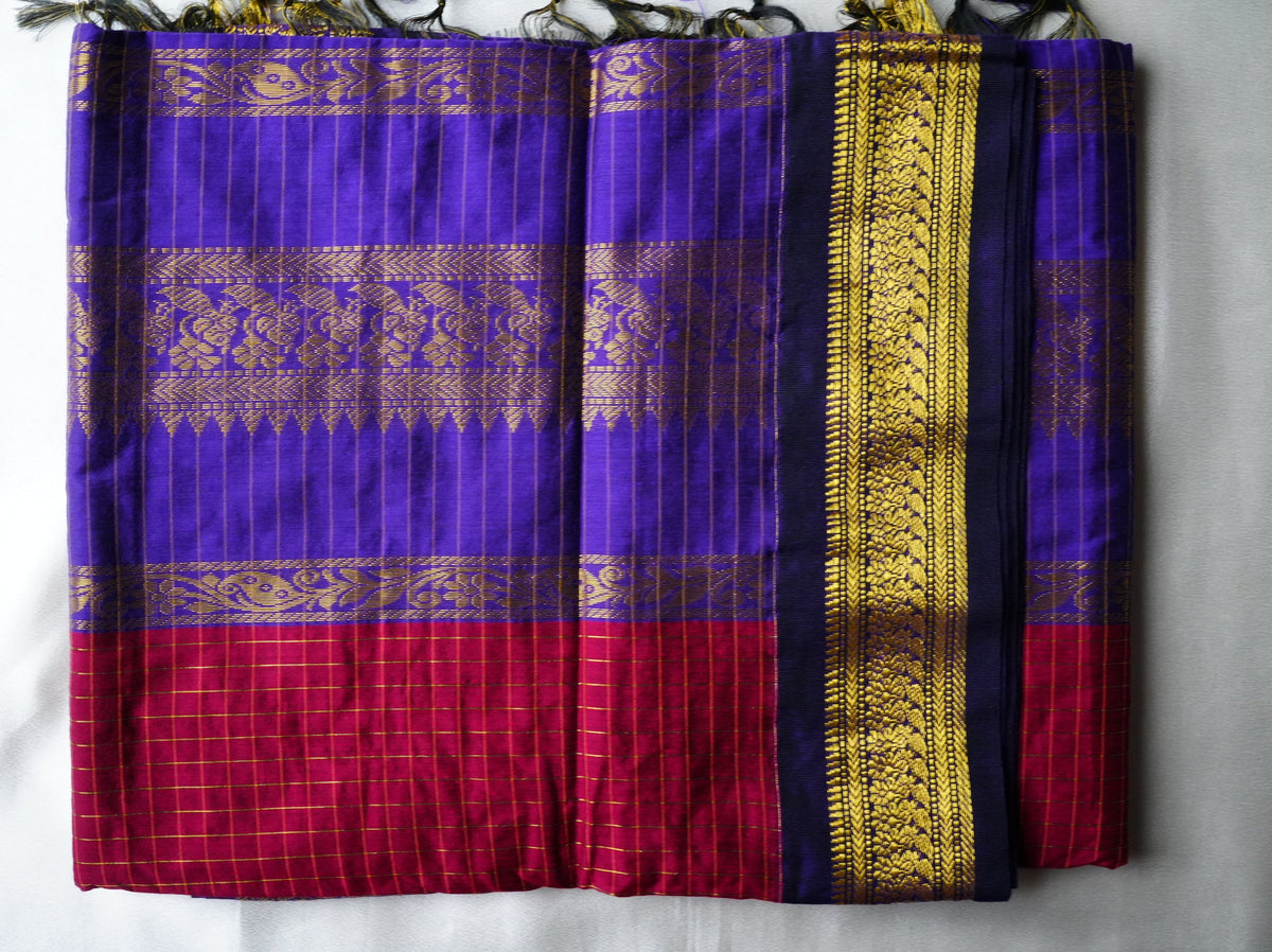 💜 Royal Violet-Blue Kalyani Cotton Saree with Crimson Check Border & Gold Zari Weave ✨🥻 - SAROYA