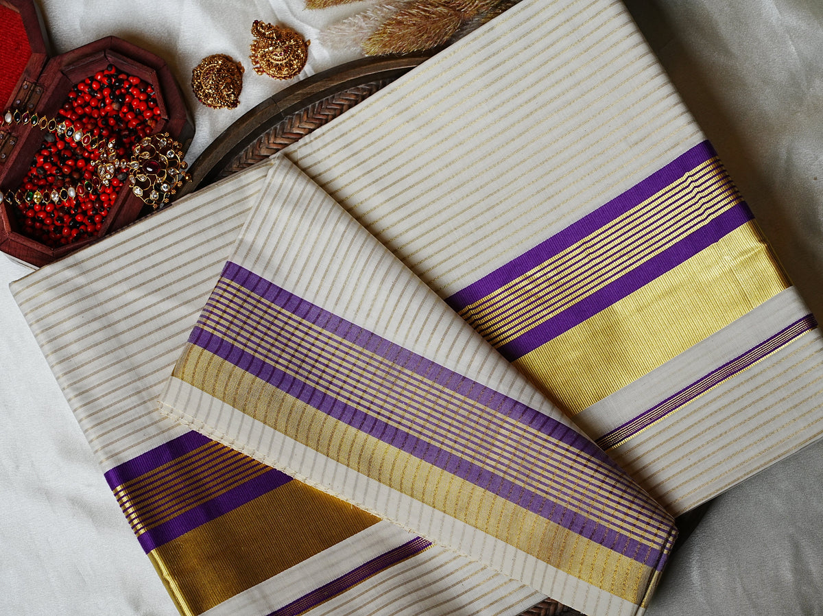 💜 Royal Violet Elegance: Premium Cotton Kerala Saree with Gold Zari Lines & Broad Kasavu Border 👑 - SAROYA