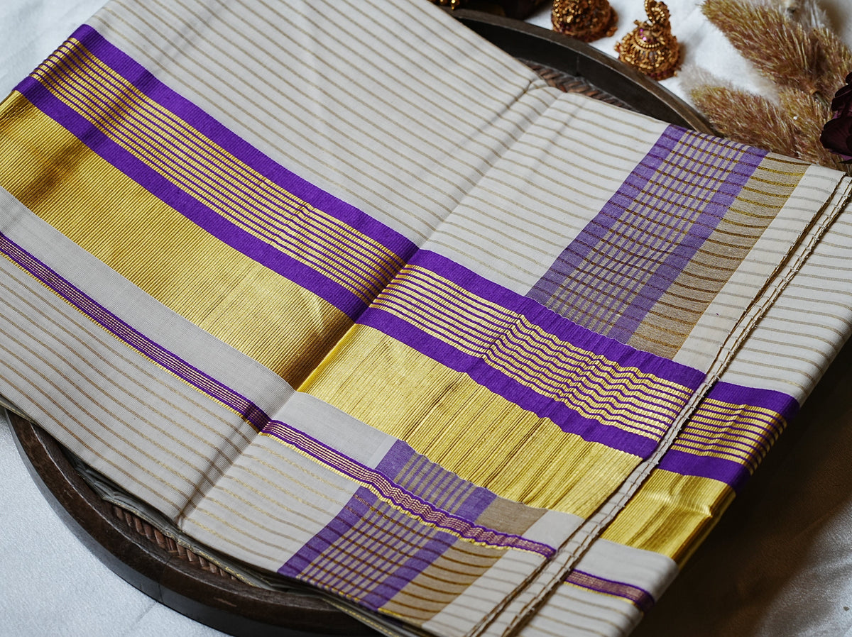 💜 Royal Violet Elegance: Premium Cotton Kerala Saree with Gold Zari Lines & Broad Kasavu Border 👑 - SAROYA
