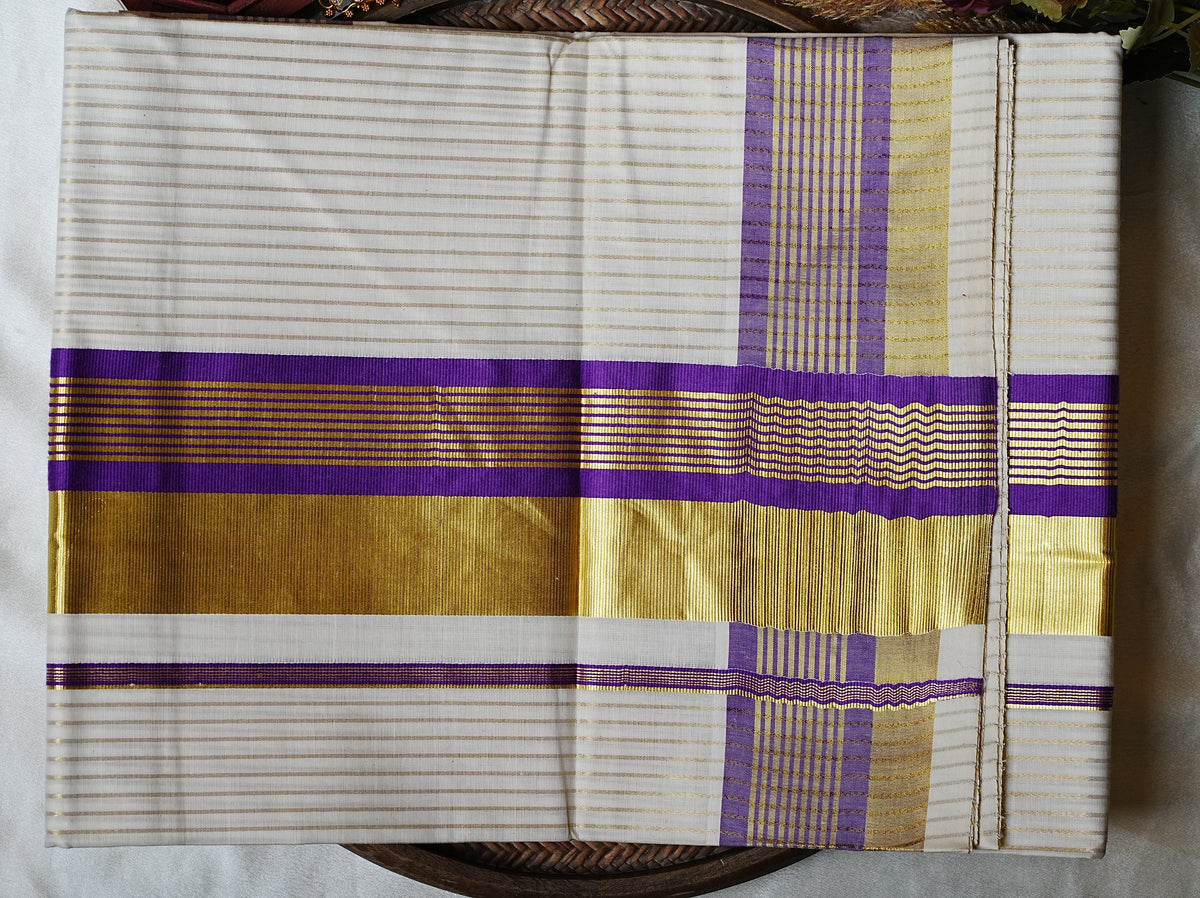 💜 Royal Violet Elegance: Premium Cotton Kerala Saree with Gold Zari Lines & Broad Kasavu Border 👑 - SAROYA