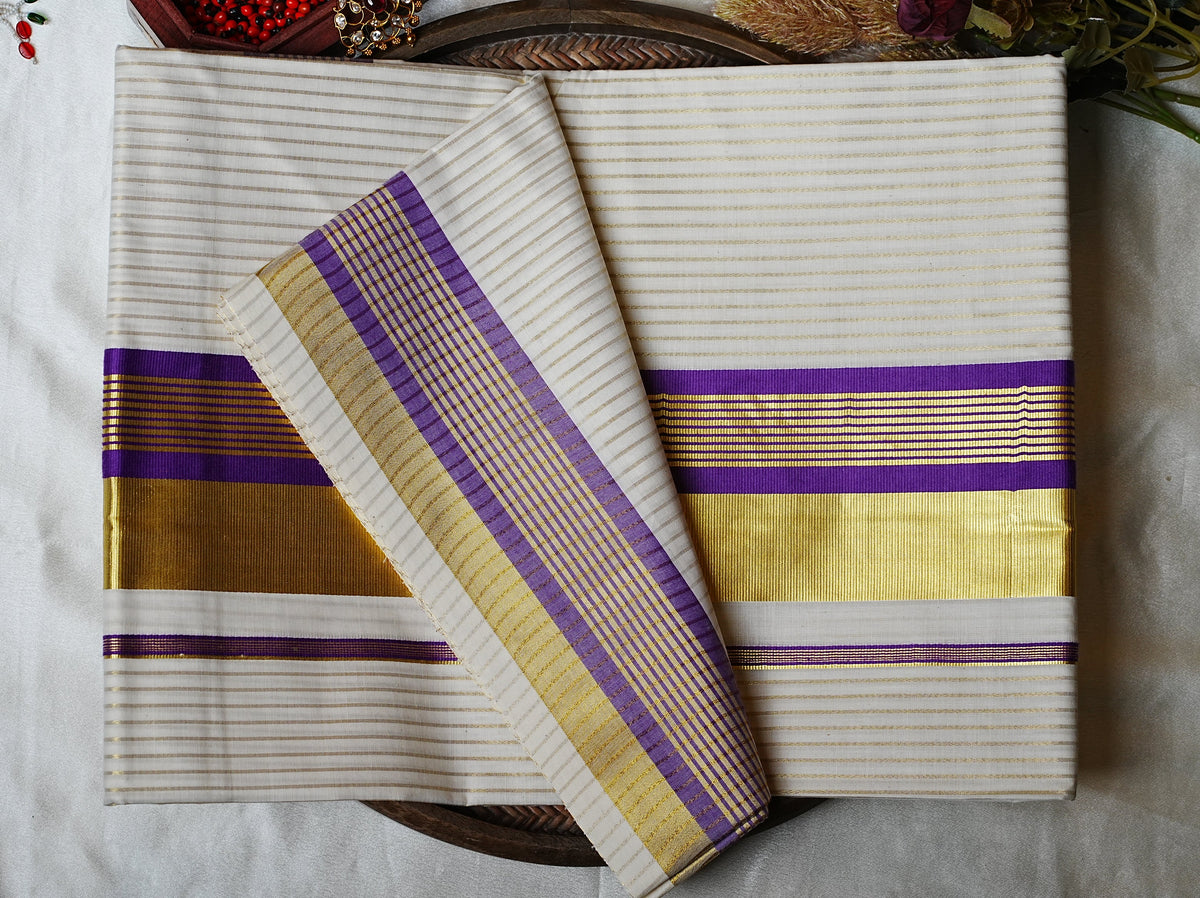 💜 Royal Violet Elegance: Premium Cotton Kerala Saree with Gold Zari Lines & Broad Kasavu Border 👑 - SAROYA