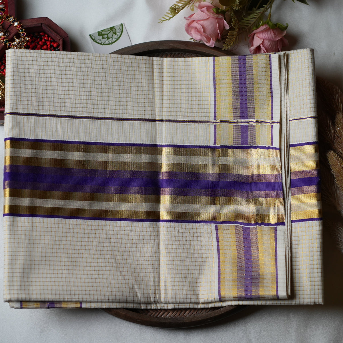 Royal Violet & Golden Grid: The Premium Pure Cotton Kerala Saree 💜 - SAROYA