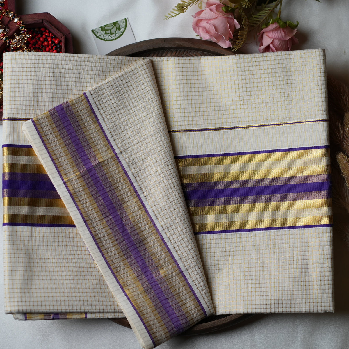 Royal Violet & Golden Grid: The Premium Pure Cotton Kerala Saree 💜 - SAROYA