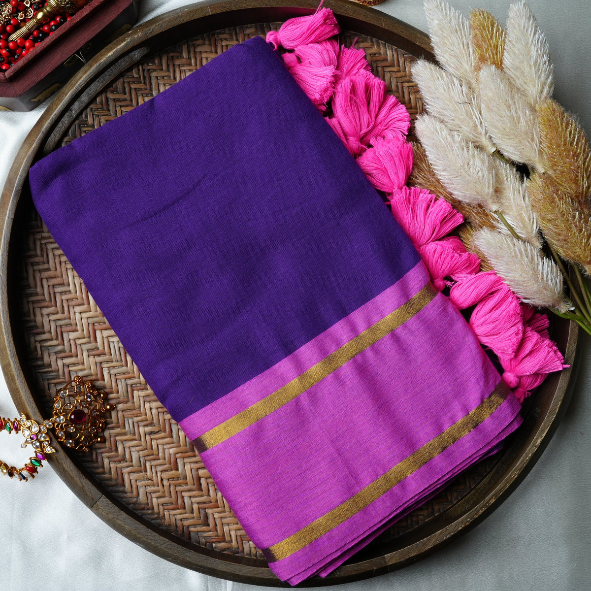 💜 Royal Violet & Magenta Pure Mul Cotton Saree with Zari Stripes & Tassels ✨🥻 - SAROYA
