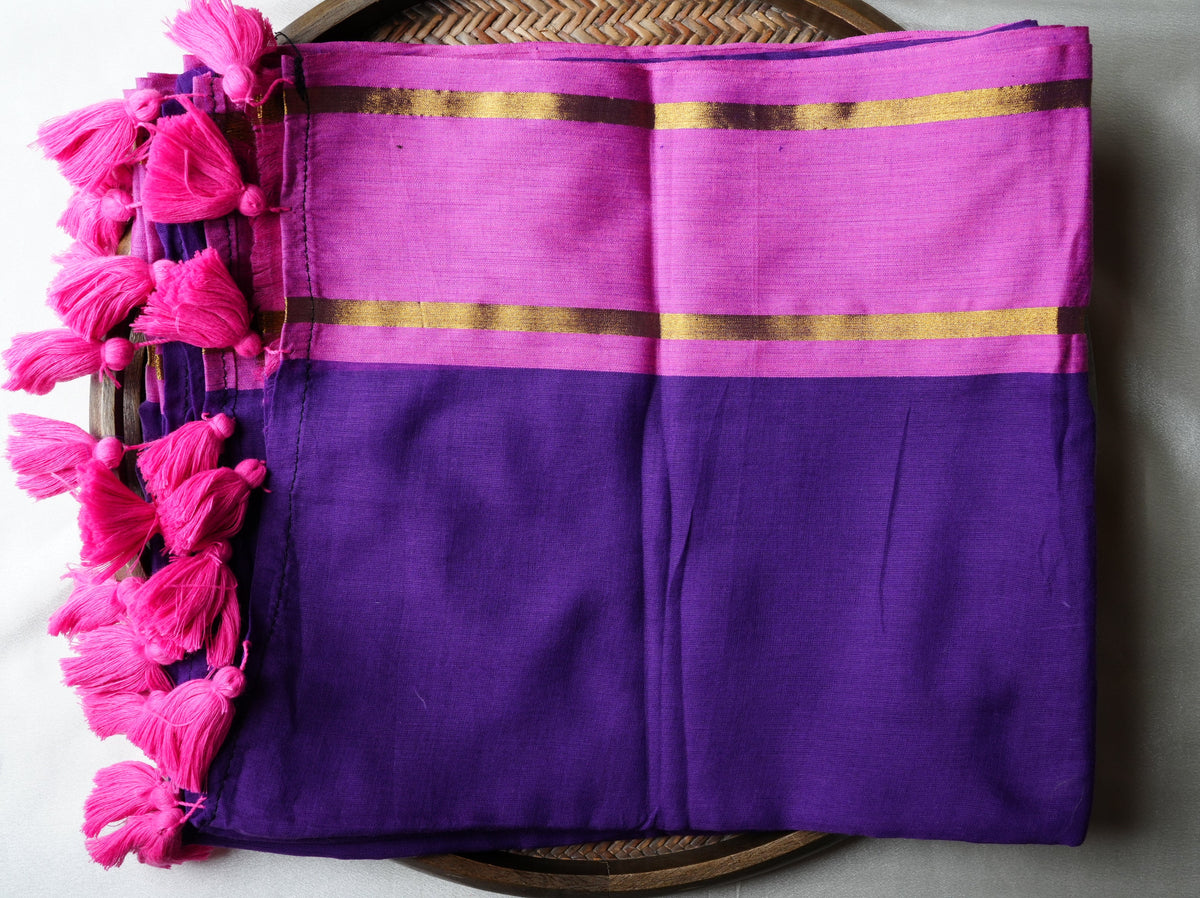 💜 Royal Violet & Magenta Pure Mul Cotton Saree with Zari Stripes & Tassels ✨🥻 - SAROYA