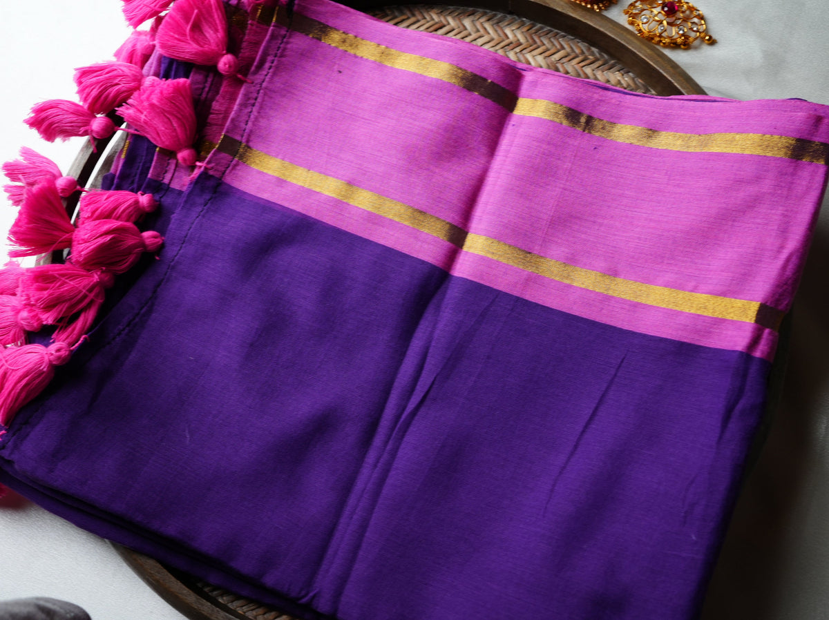 💜 Royal Violet & Magenta Pure Mul Cotton Saree with Zari Stripes & Tassels ✨🥻 - SAROYA
