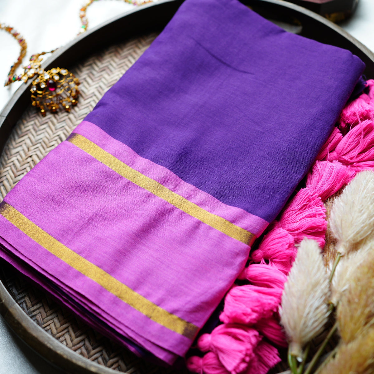 💜 Royal Violet & Magenta Pure Mul Cotton Saree with Zari Stripes & Tassels ✨🥻 - SAROYA