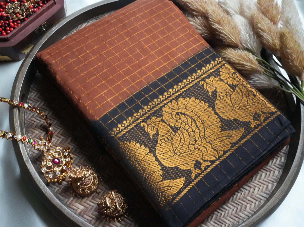 🍂 Rust Orange & Black Zari Check Sungudi Cotton Saree 🌟 - SAROYA