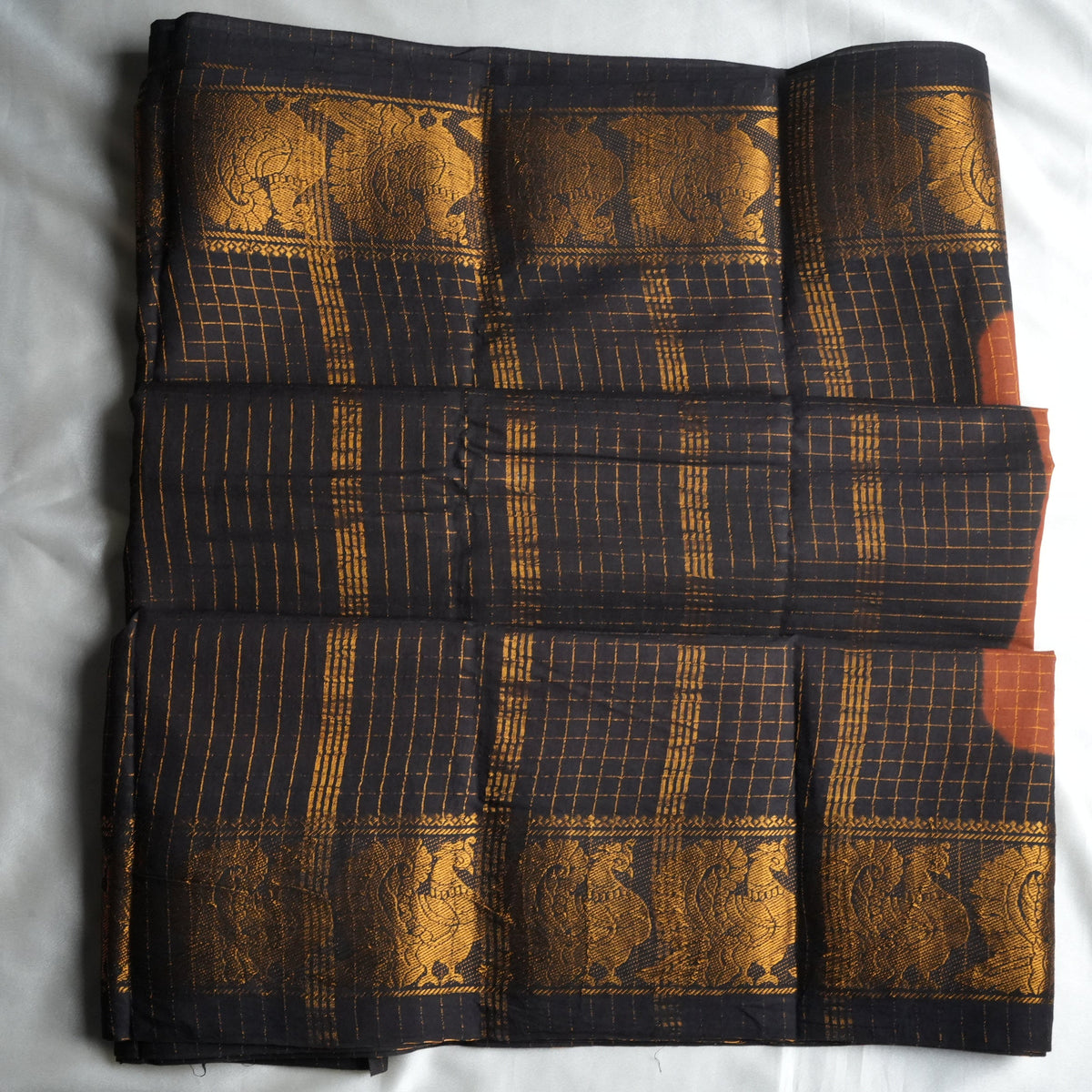 🍂 Rust Orange & Black Zari Check Sungudi Cotton Saree 🌟 - SAROYA
