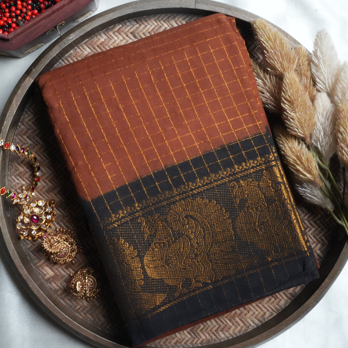 🍂 Rust Orange & Black Zari Check Sungudi Cotton Saree 🌟 - SAROYA