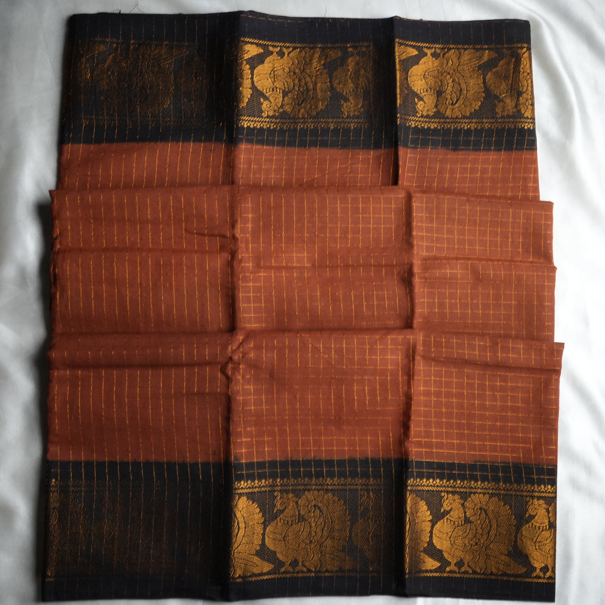 🍂 Rust Orange & Black Zari Check Sungudi Cotton Saree 🌟 - SAROYA