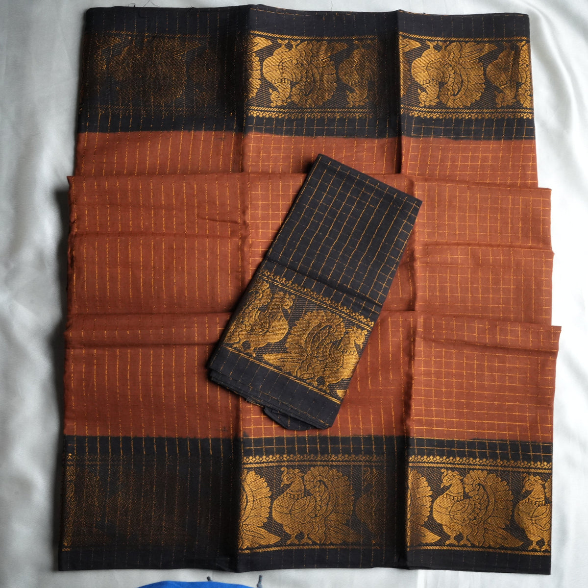 🍂 Rust Orange & Black Zari Check Sungudi Cotton Saree 🌟 - SAROYA