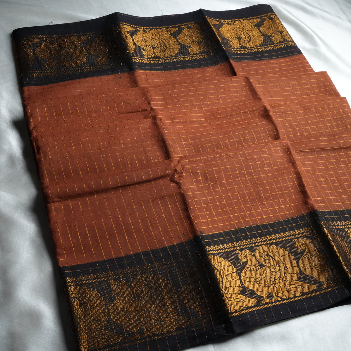 🍂 Rust Orange & Black Zari Check Sungudi Cotton Saree 🌟 - SAROYA