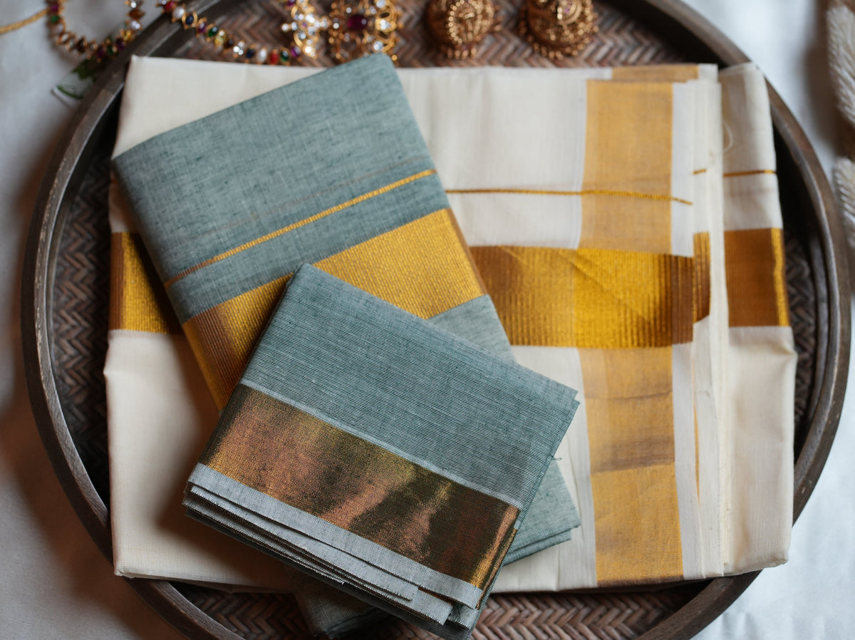 🌿 Sage Green & Gold Cotton Kerala Set Mundu with Matching Blouse 🌟 - SAROYA