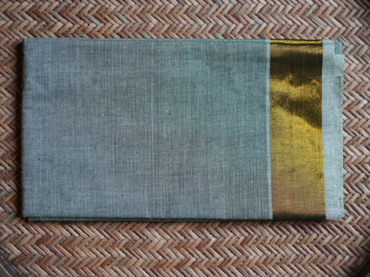 🌿 Sage Green & Gold Cotton Kerala Set Mundu with Matching Blouse 🌟 - SAROYA