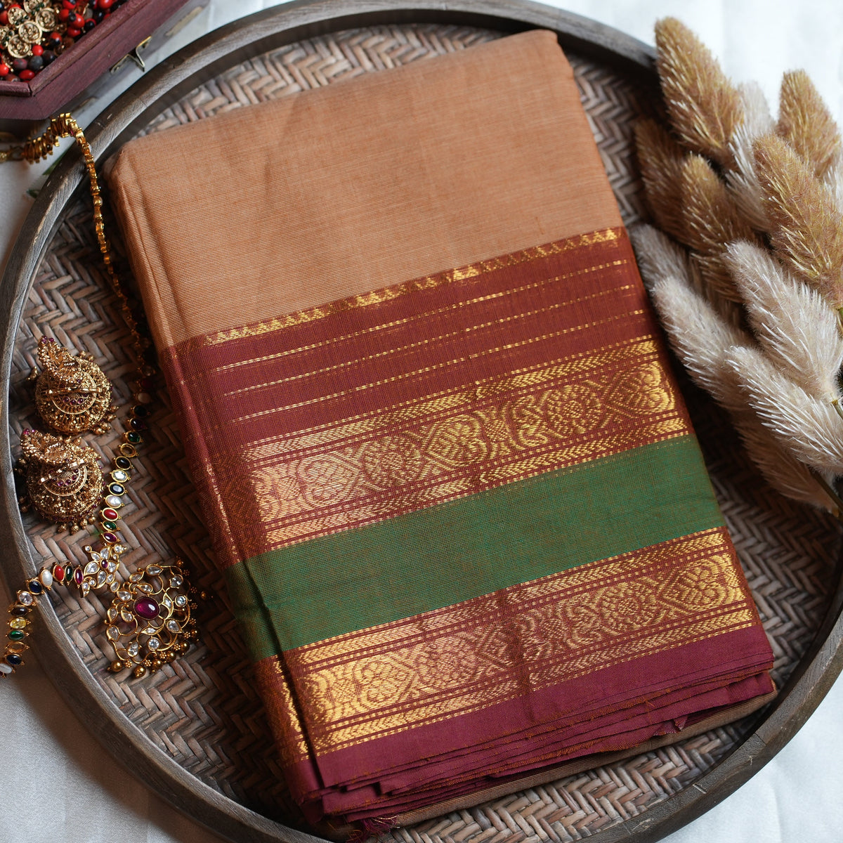 🌾 Sand Beige, Maroon & Forest Green Kanchi Cotton Saree 🌟 - SAROYA