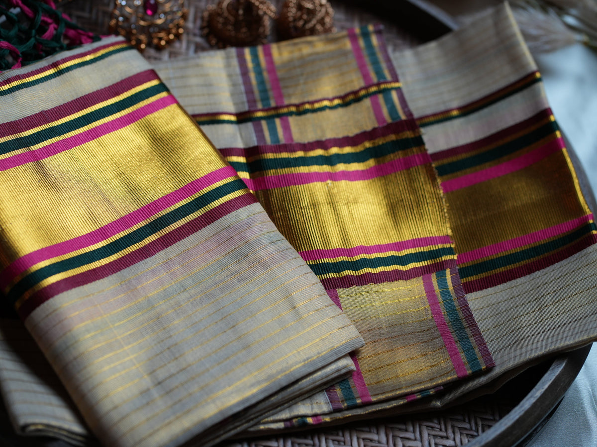 🌟 Shimmering Festive Tissue Set Mundu with Multi-Color Borders ✨ - SAROYA
