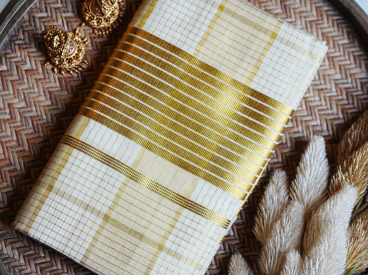 🌾 Shimmering Golden Checks: The Premium Kerala Cotton Set Mundu ✨ - SAROYA