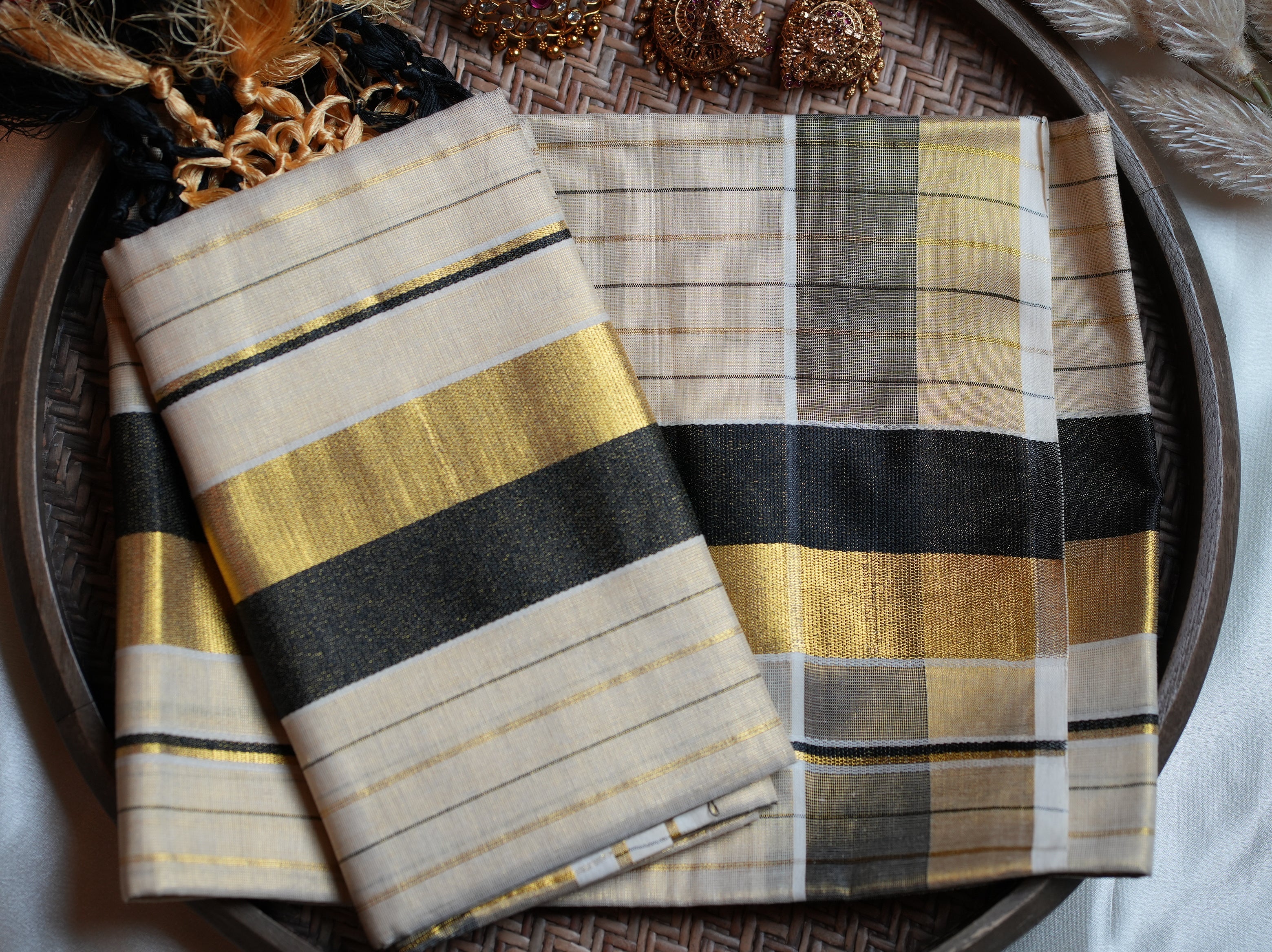 🖤 Shimmering Noir & Gold Tissue Set Mundu with Hand-Tied Tassels ✨ - SAROYA