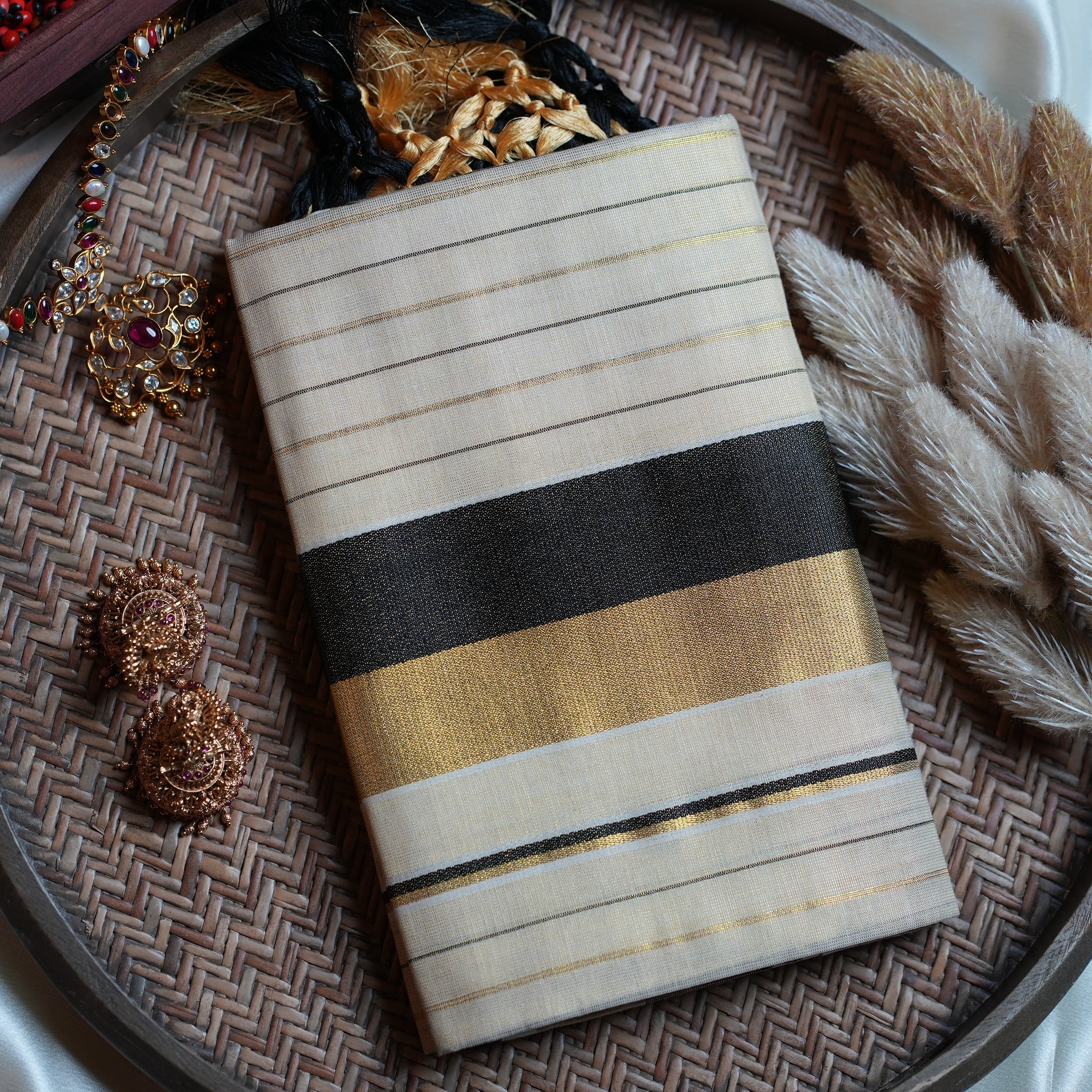 🖤 Shimmering Noir & Gold Tissue Set Mundu with Hand-Tied Tassels ✨ - SAROYA