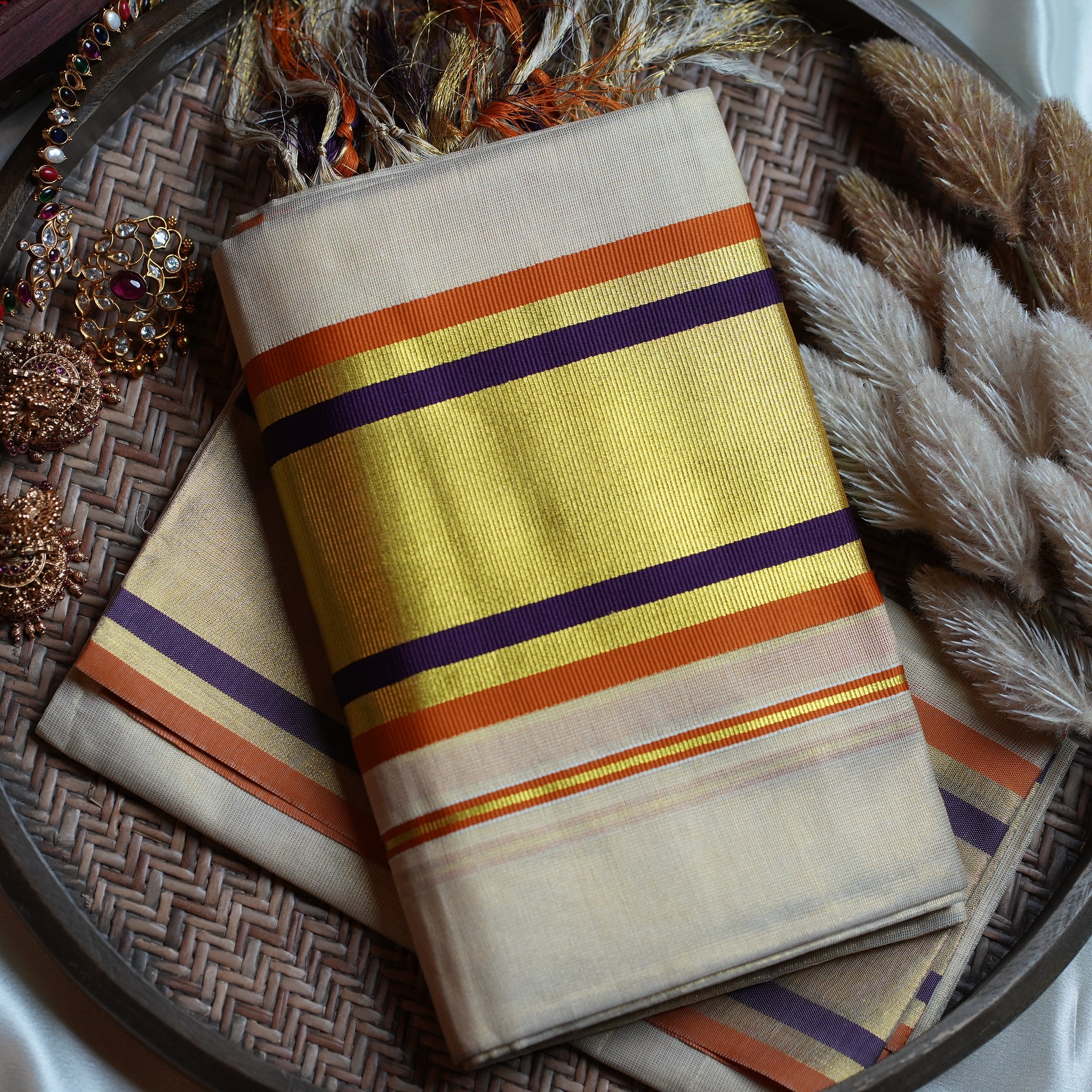 🌅 Shimmering Ochre & Violet Tissue Set Mundu with Matching Blouse Piece ✨ - SAROYA