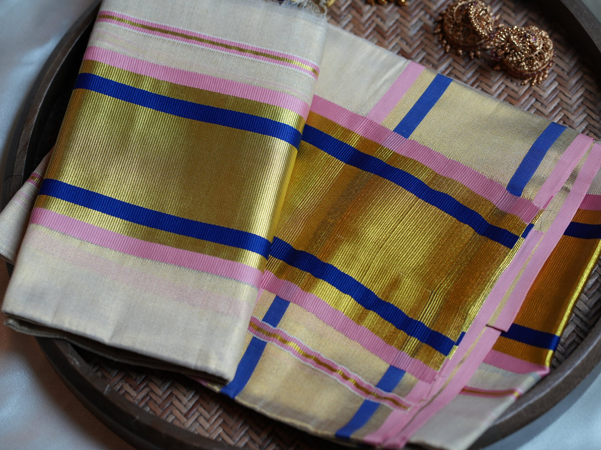🌸 Shimmering Rose & Royal Blue Tissue Set Mundu with Matching Blouse Piece ✨ - SAROYA