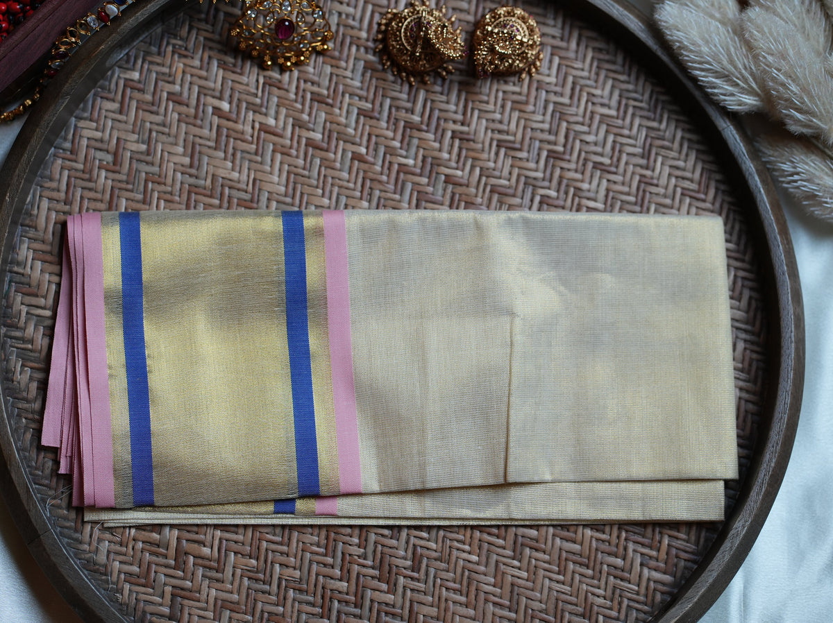 🌸 Shimmering Rose & Royal Blue Tissue Set Mundu with Matching Blouse Piece ✨ - SAROYA