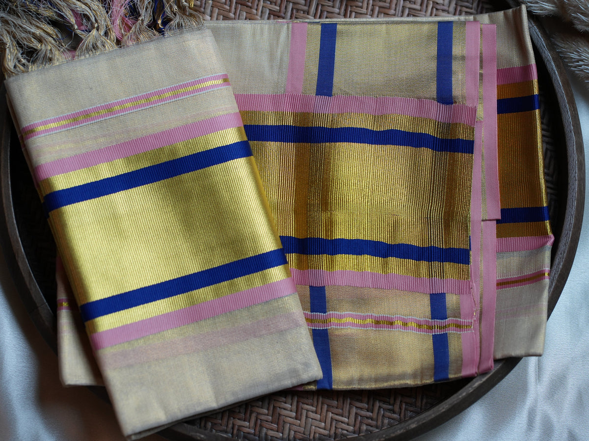 🌸 Shimmering Rose & Royal Blue Tissue Set Mundu with Matching Blouse Piece ✨ - SAROYA