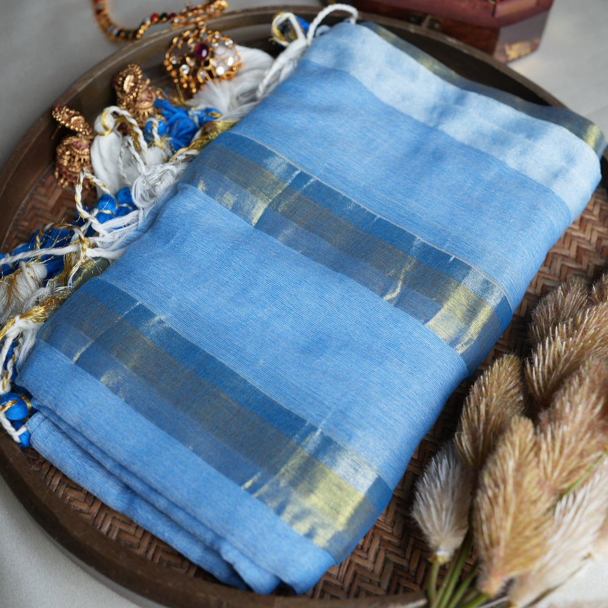 🦋 Sky Blue Mul Mul Cotton Saree with Metallic Zari Bands & Vibrant Blue-White Tassels ✨💙 - SAROYA