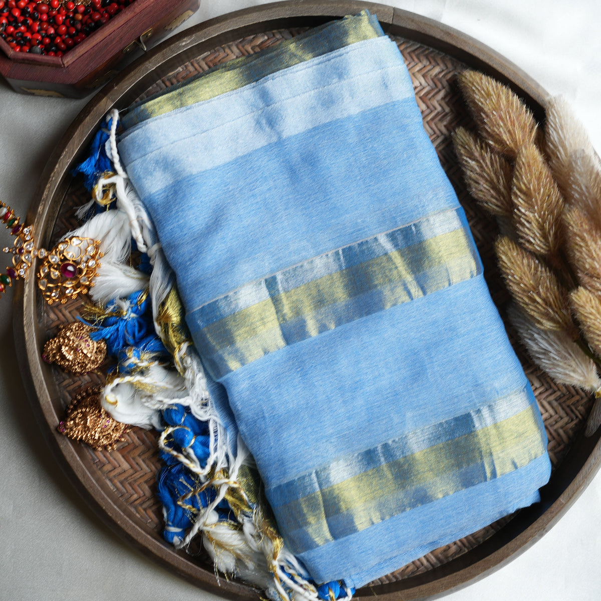 🦋 Sky Blue Mul Mul Cotton Saree with Metallic Zari Bands & Vibrant Blue-White Tassels ✨💙 - SAROYA
