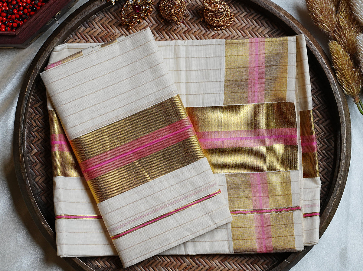 💖 Soft Cotton Kerala Set Mundu with Pink Stripe & Golden Kasavu Border 🌟 - SAROYA