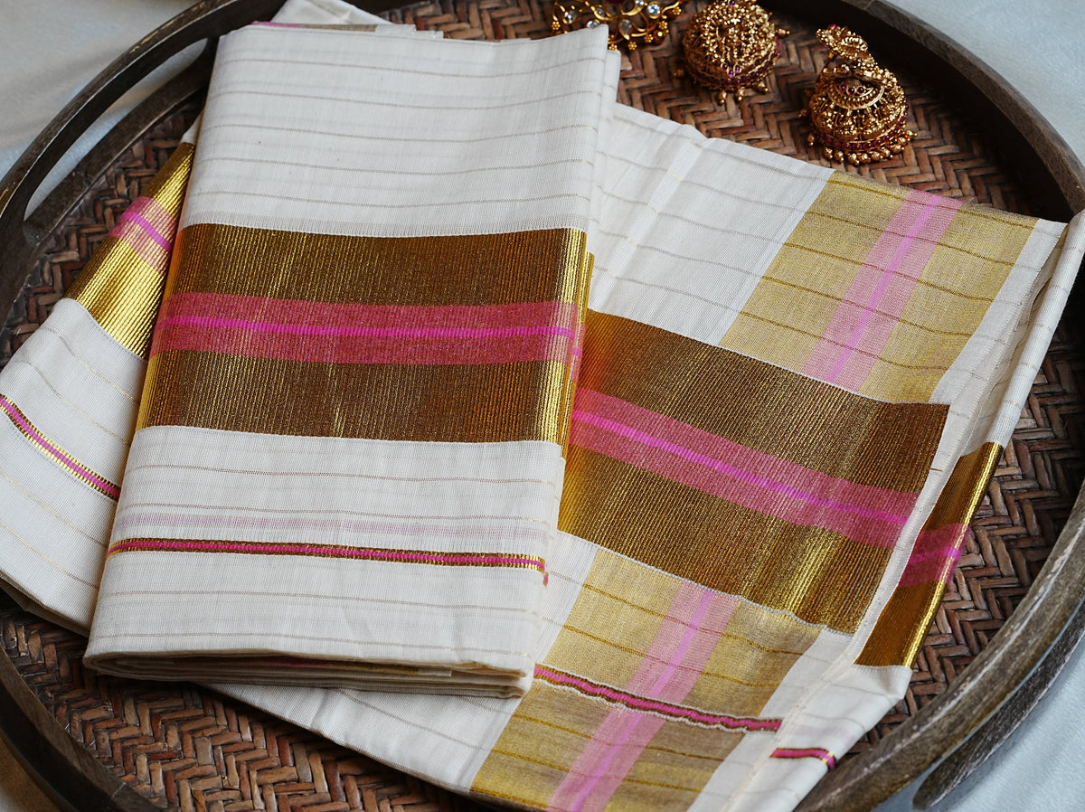 💖 Soft Cotton Kerala Set Mundu with Pink Stripe & Golden Kasavu Border 🌟 - SAROYA