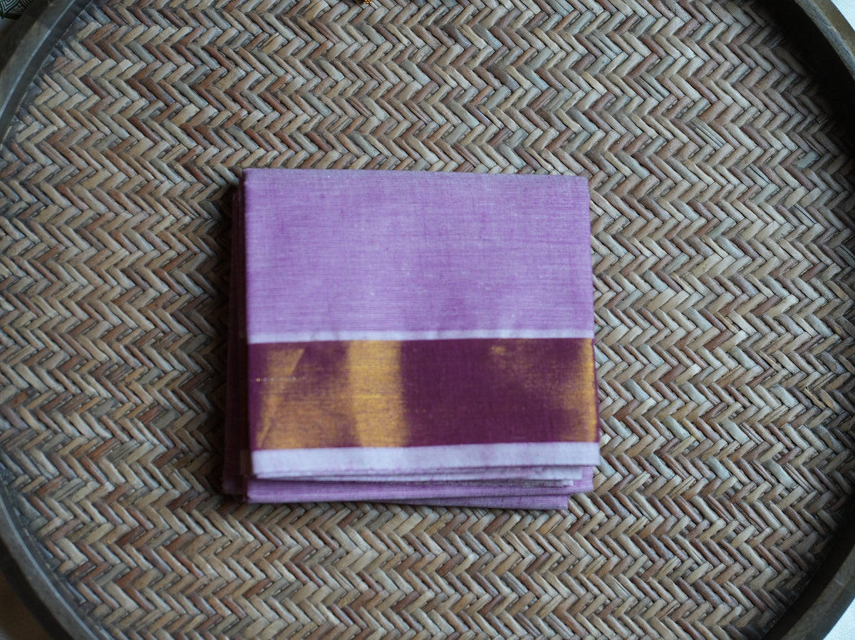🌸 Soft Lilac & Gold Cotton Kerala Set Mundu with Matching Blouse 🌟 - SAROYA