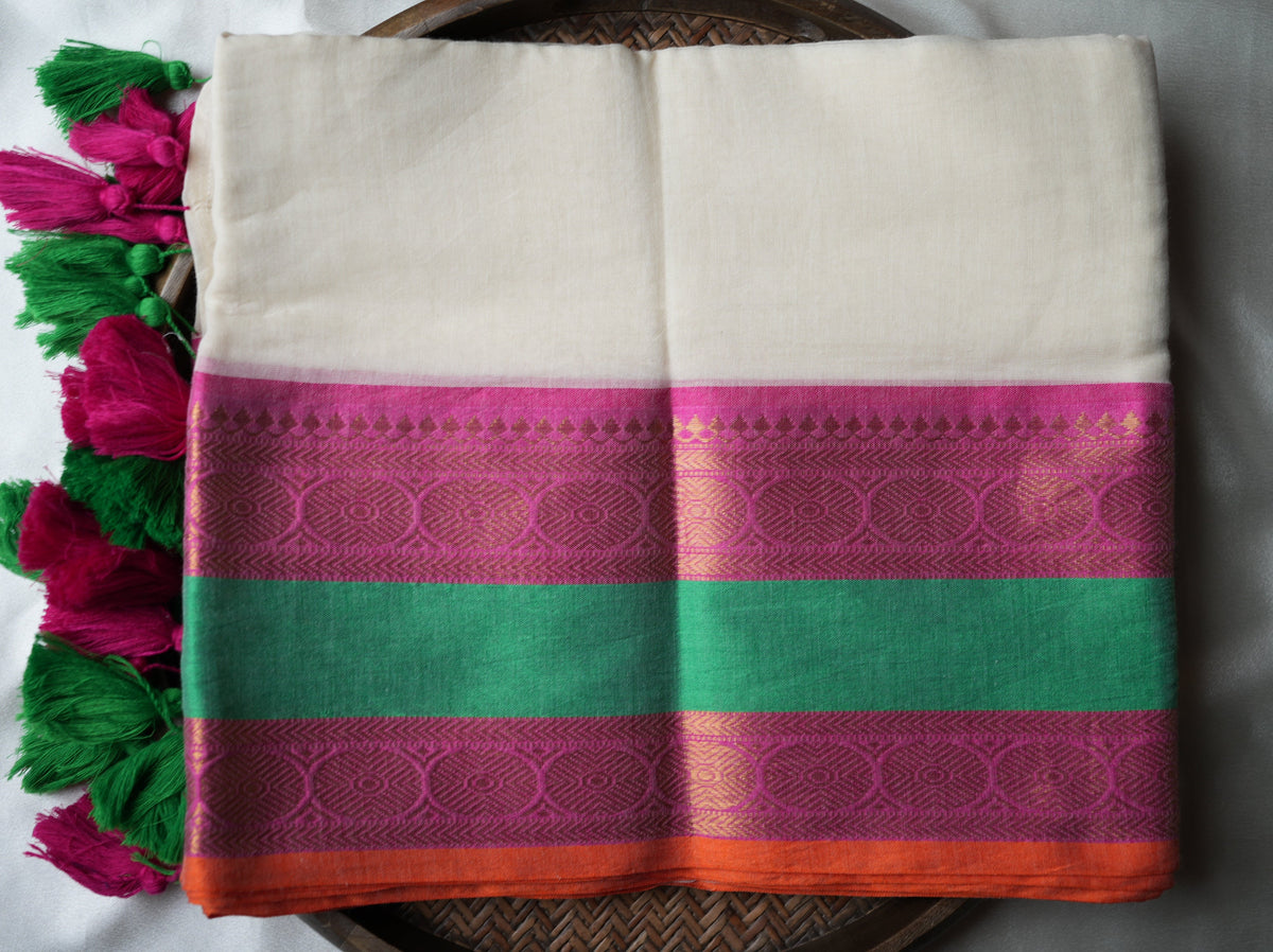 🌸 Soft Mul Cotton Saree with Magenta, Emerald Green & Orange Border 💖 - SAROYA