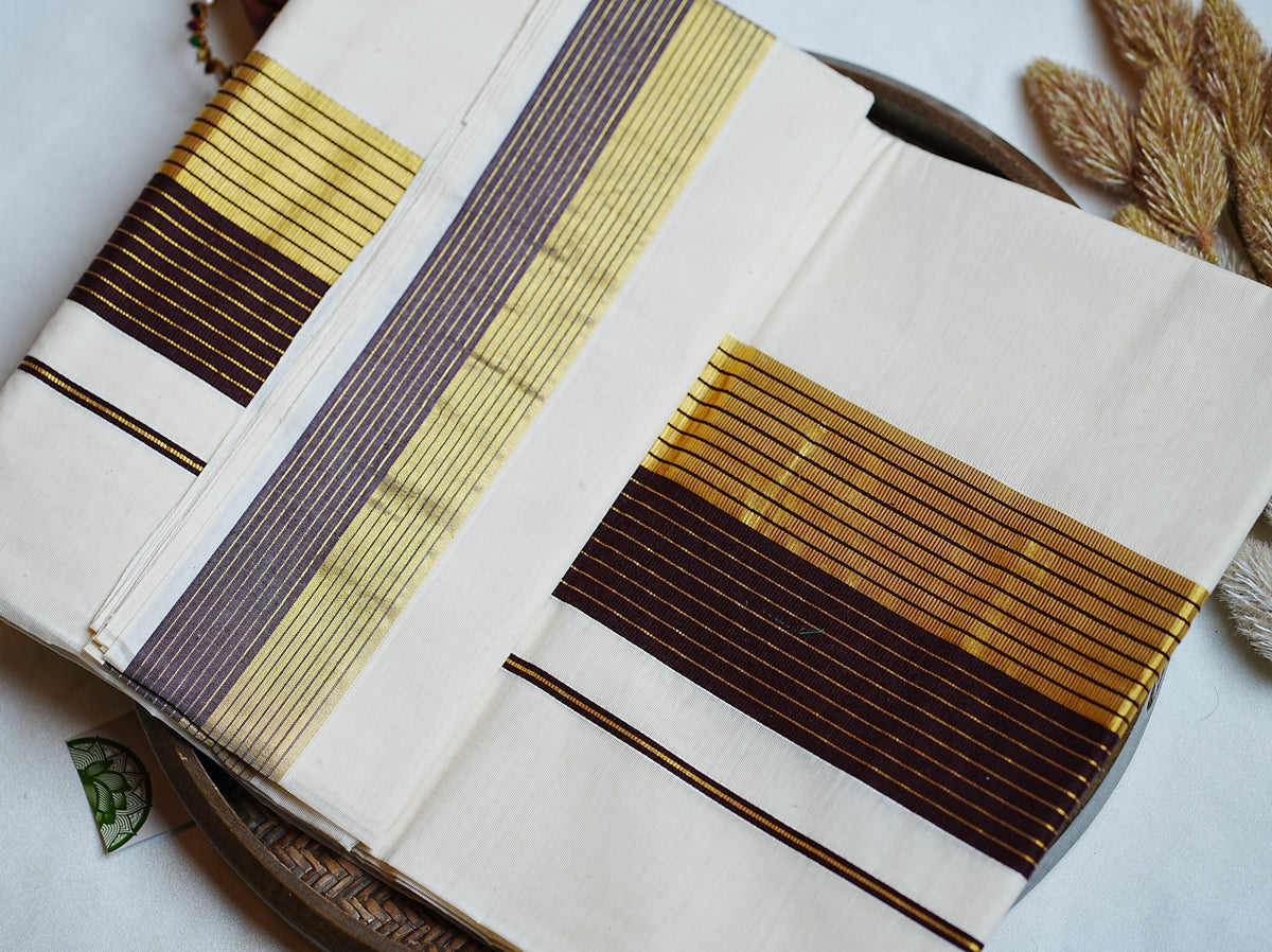 🪵 Sophisticated Coffee Brown & Golden Zari: Cotton Kerala Set Saree 💫 - SAROYA