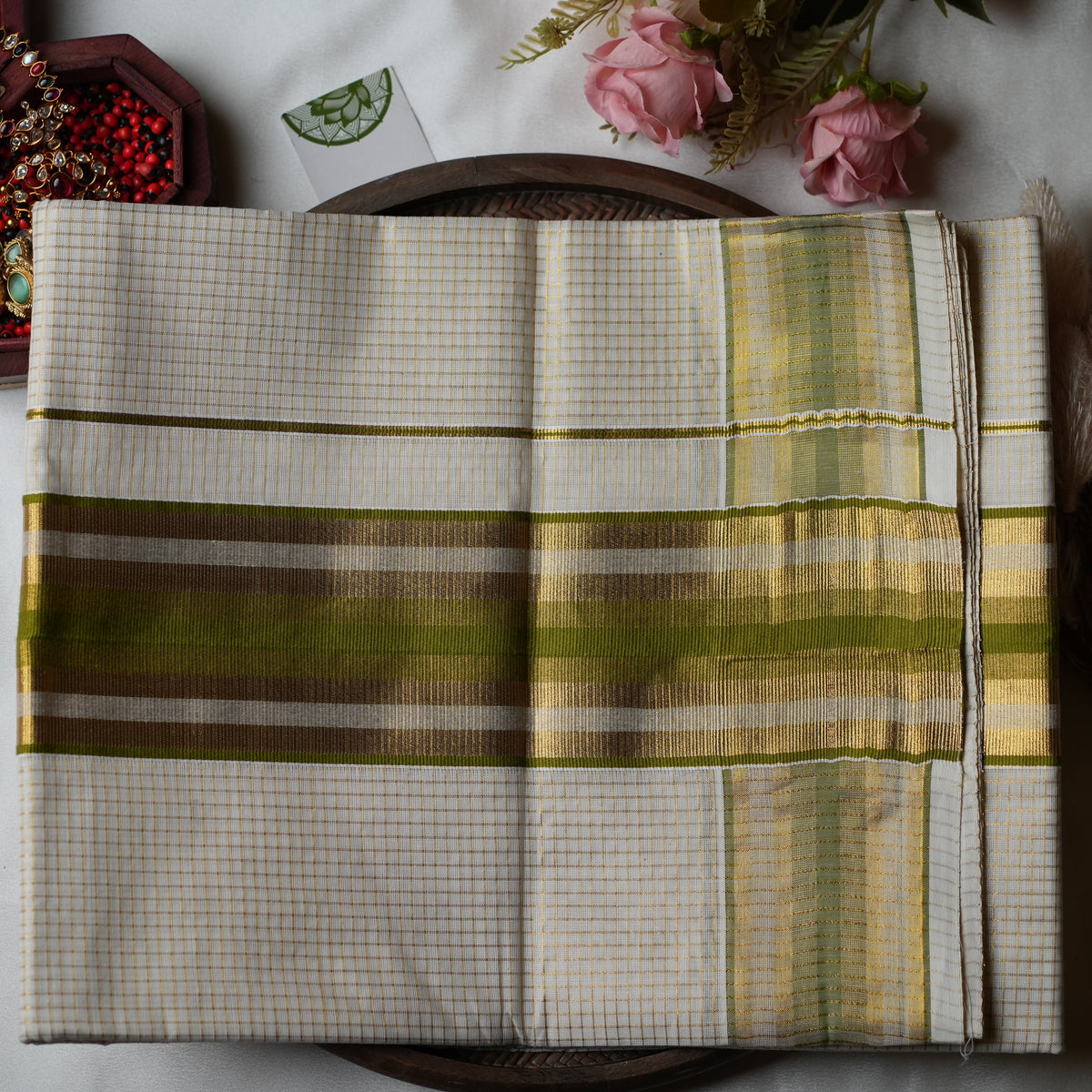 🫒 Sophisticated Olive & Golden Grid: The Premium Pure Cotton Kerala Saree 🫒 - SAROYA