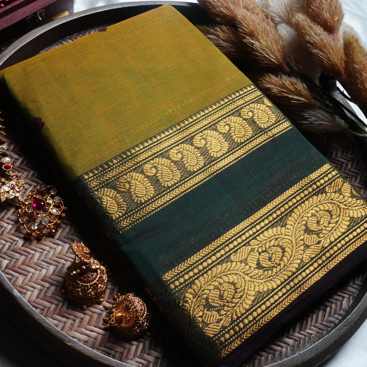 Stately Forest Green and Olive Kanchi Cotton Saree - SAROYA