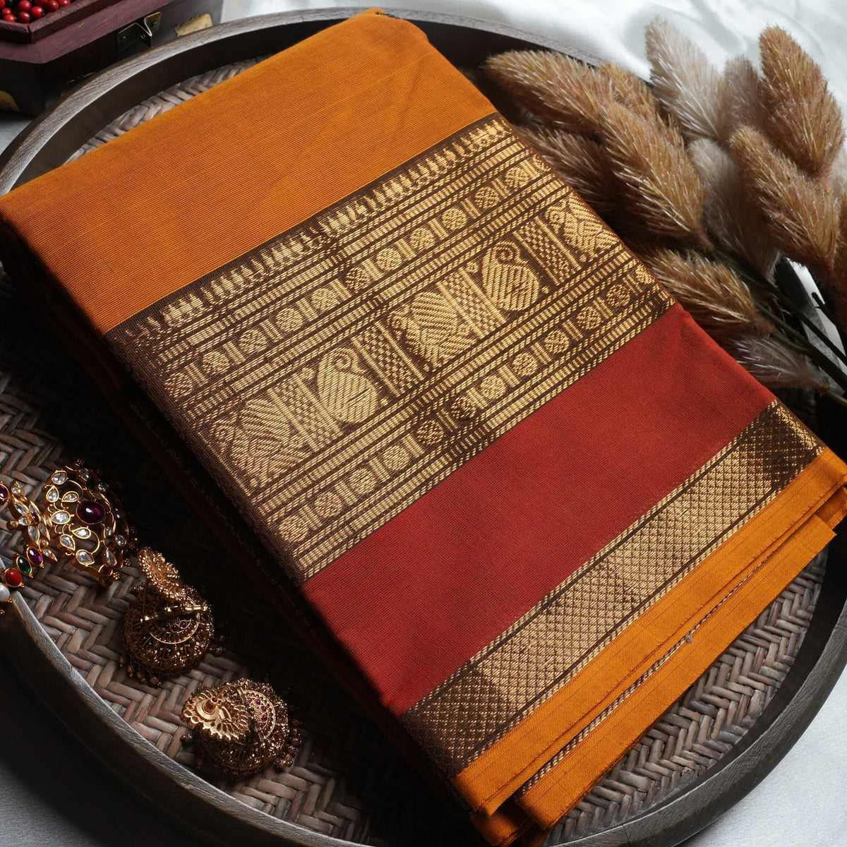 Sun-Drenched Mustard Kanchi Cotton Saree with Traditional Annapakshi Borders - SAROYA