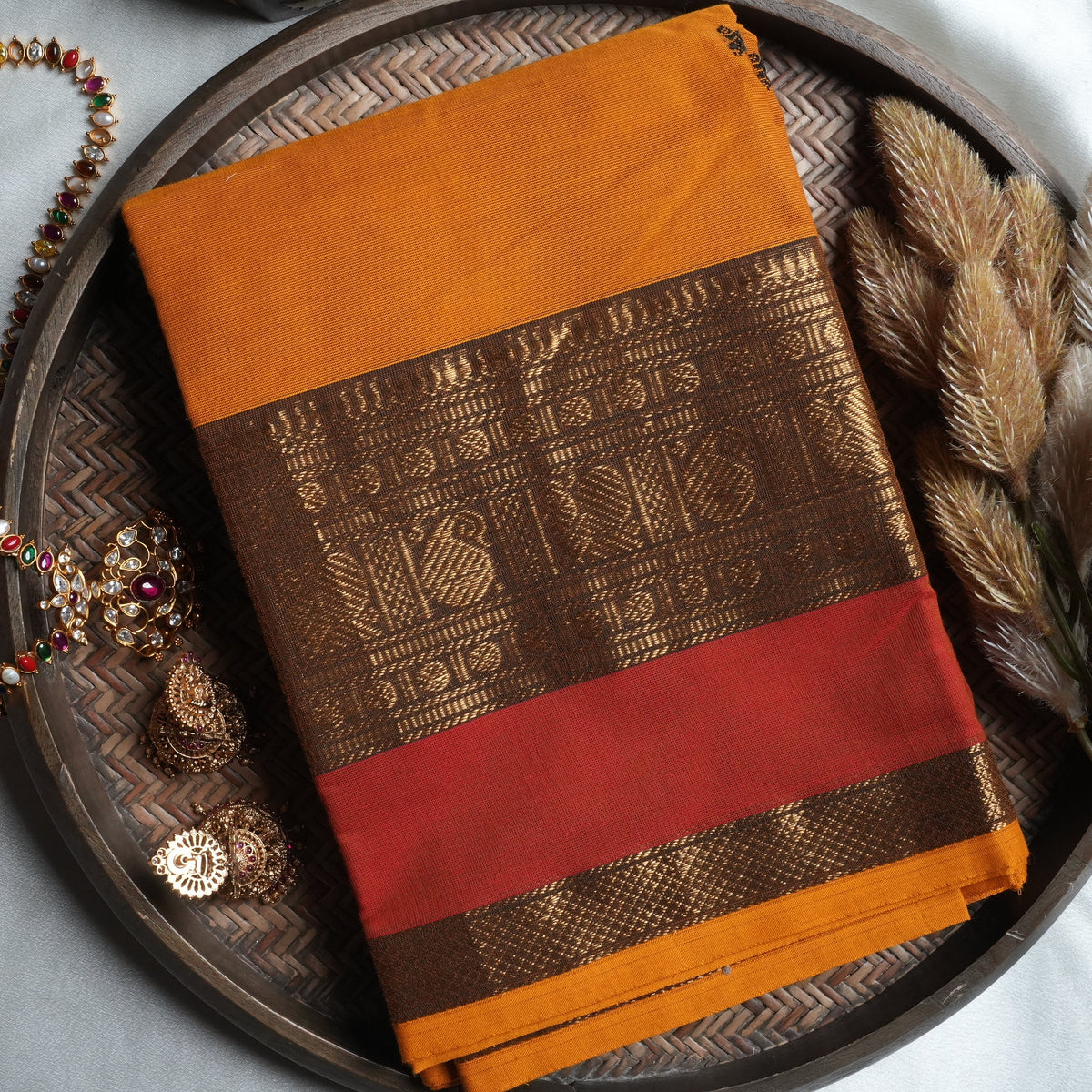 Sun-Drenched Mustard Kanchi Cotton Saree with Traditional Annapakshi Borders - SAROYA