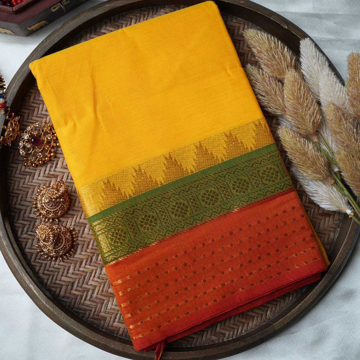Sun-Kissed Yellow Kanchi Cotton Saree with Tri-Tone Temple Border - SAROYA