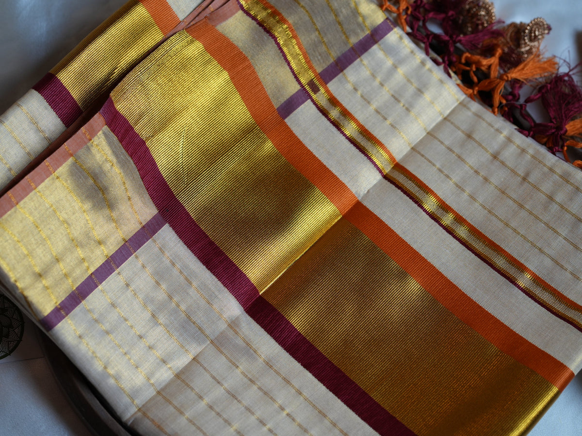 ✨ Sunset Radiance: Premium Tissue Kerala Saree with Orange & Maroon Contrast Border 🌟 - SAROYA