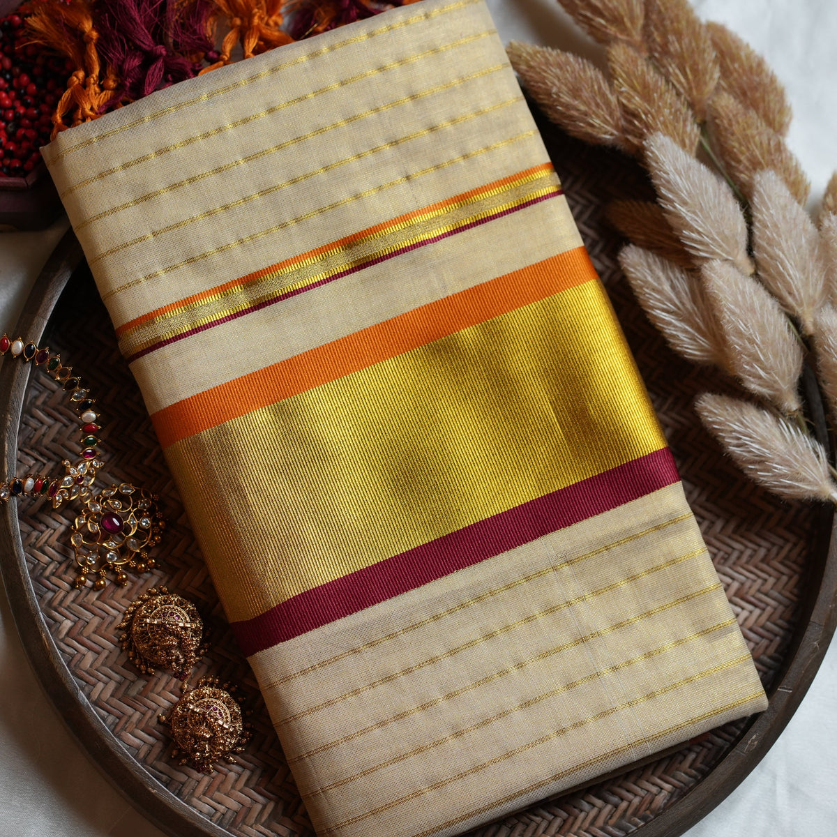 ✨ Sunset Radiance: Premium Tissue Kerala Saree with Orange & Maroon Contrast Border 🌟 - SAROYA
