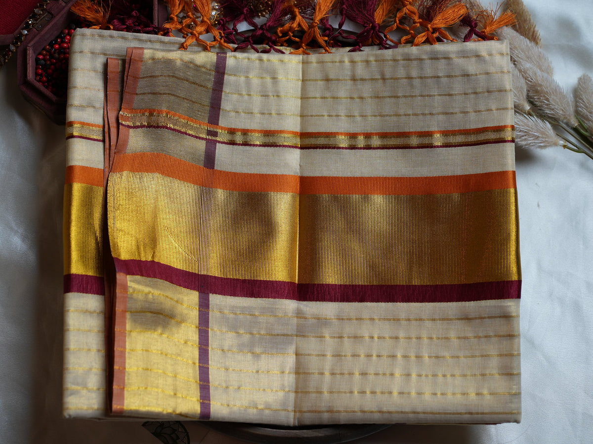 ✨ Sunset Radiance: Premium Tissue Kerala Saree with Orange & Maroon Contrast Border 🌟 - SAROYA
