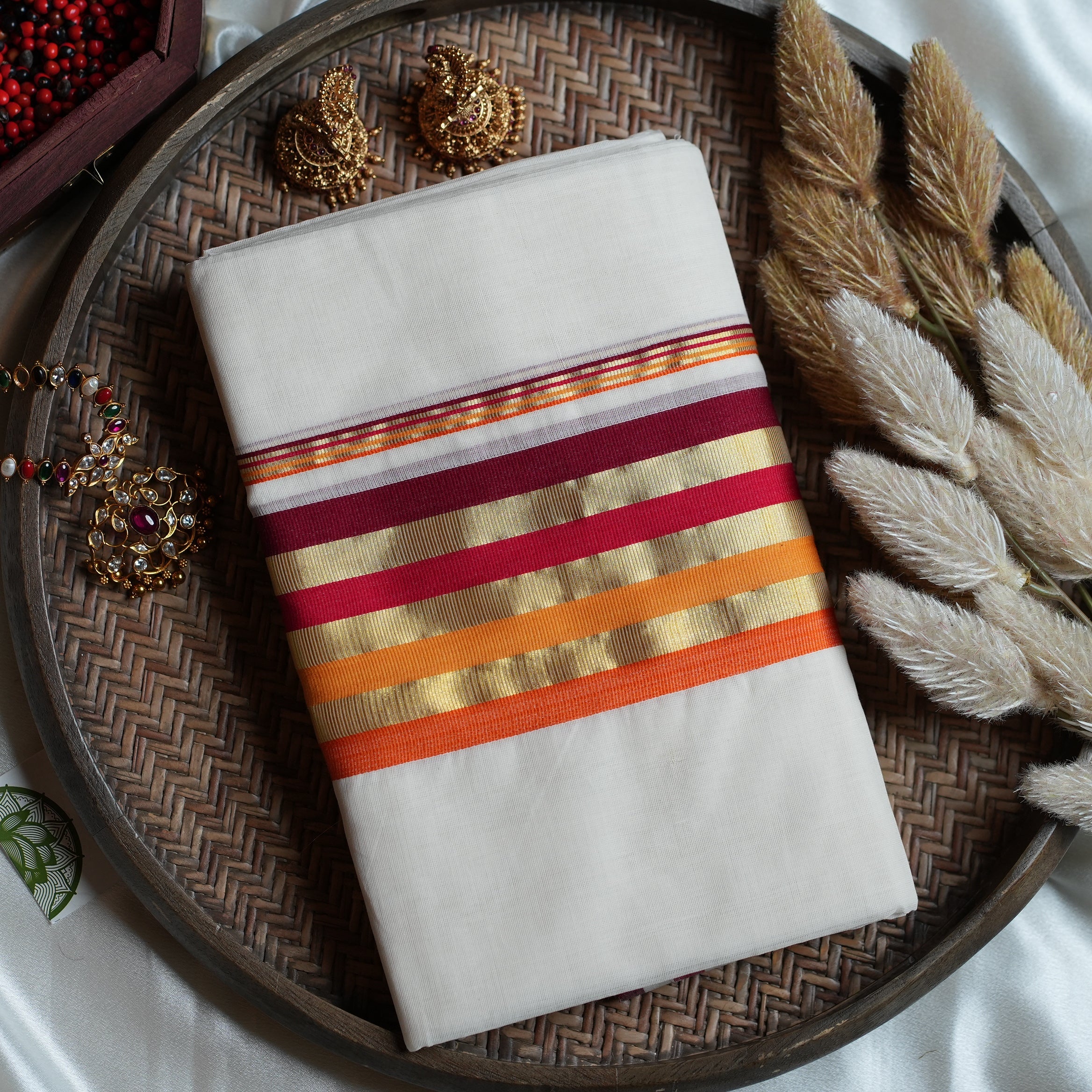 🌅 Sunset Tones & Heritage Weave: The Premium Balaramapuram Unakapavu Handloom Set Mundu 🌅 - SAROYA