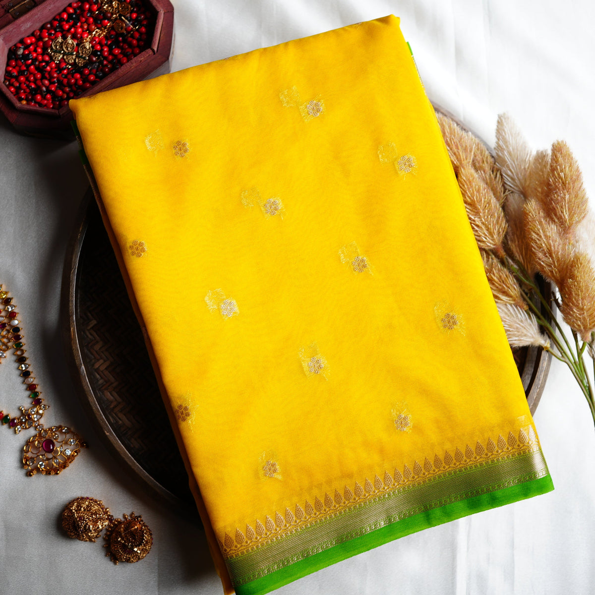 ☀️ Sunshine Yellow & Parrot Green Banarasi Kora Organza Saree 🌿✨ - SAROYA