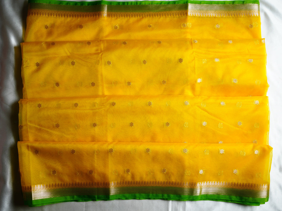 ☀️ Sunshine Yellow & Parrot Green Banarasi Kora Organza Saree 🌿✨ - SAROYA
