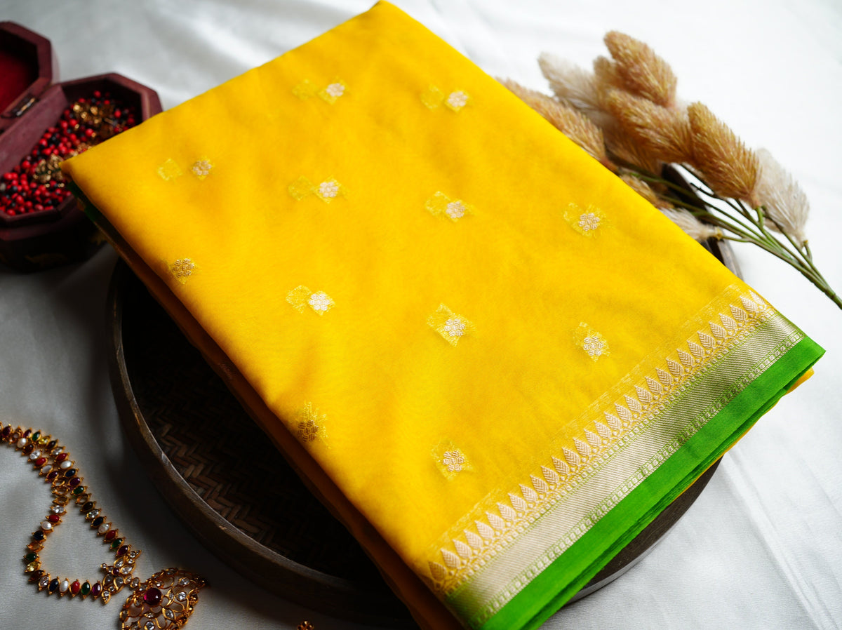 ☀️ Sunshine Yellow & Parrot Green Banarasi Kora Organza Saree 🌿✨ - SAROYA
