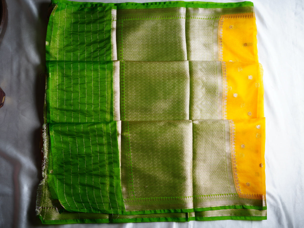 ☀️ Sunshine Yellow & Parrot Green Banarasi Kora Organza Saree 🌿✨ - SAROYA