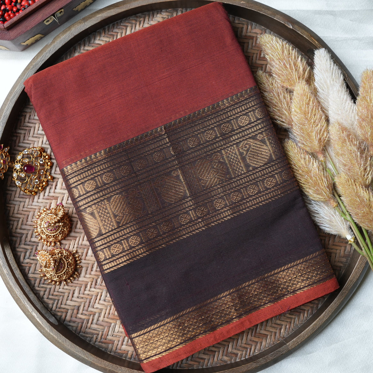 🧱 Terracotta Rust & Dark Chocolate Kanchi Cotton Saree with Antique Peacock Zari Border ✨🥻 - SAROYA