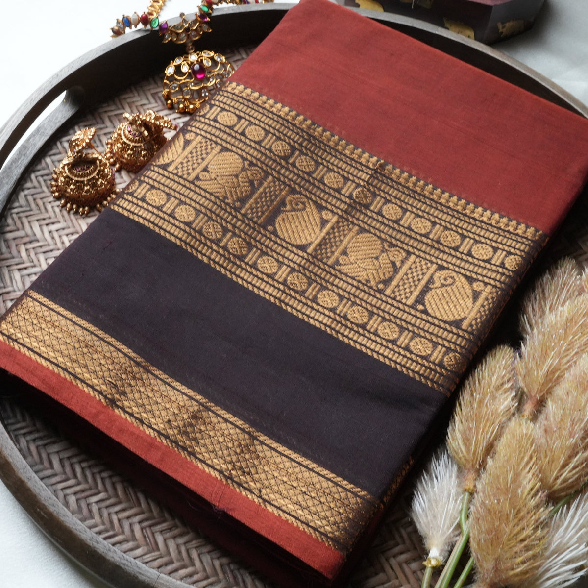 🧱 Terracotta Rust & Dark Chocolate Kanchi Cotton Saree with Antique Peacock Zari Border ✨🥻 - SAROYA